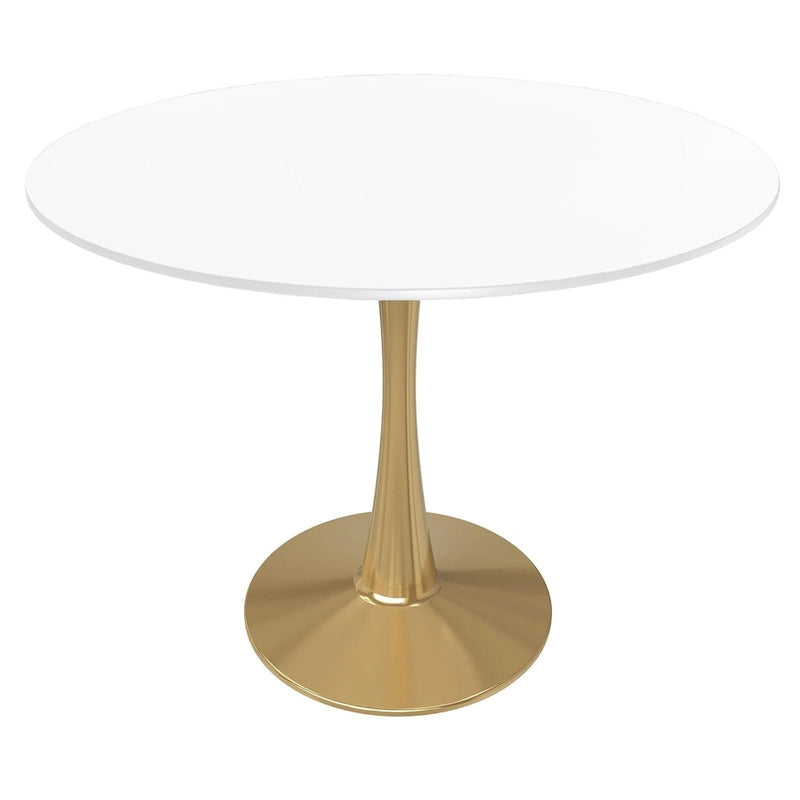 Table de salle à manger ronde LeisureMod Bristol 35 pour 4 personnes, plateau en MDF et piètement en acier doré, idéale pour la cuisine et la salle à manger.