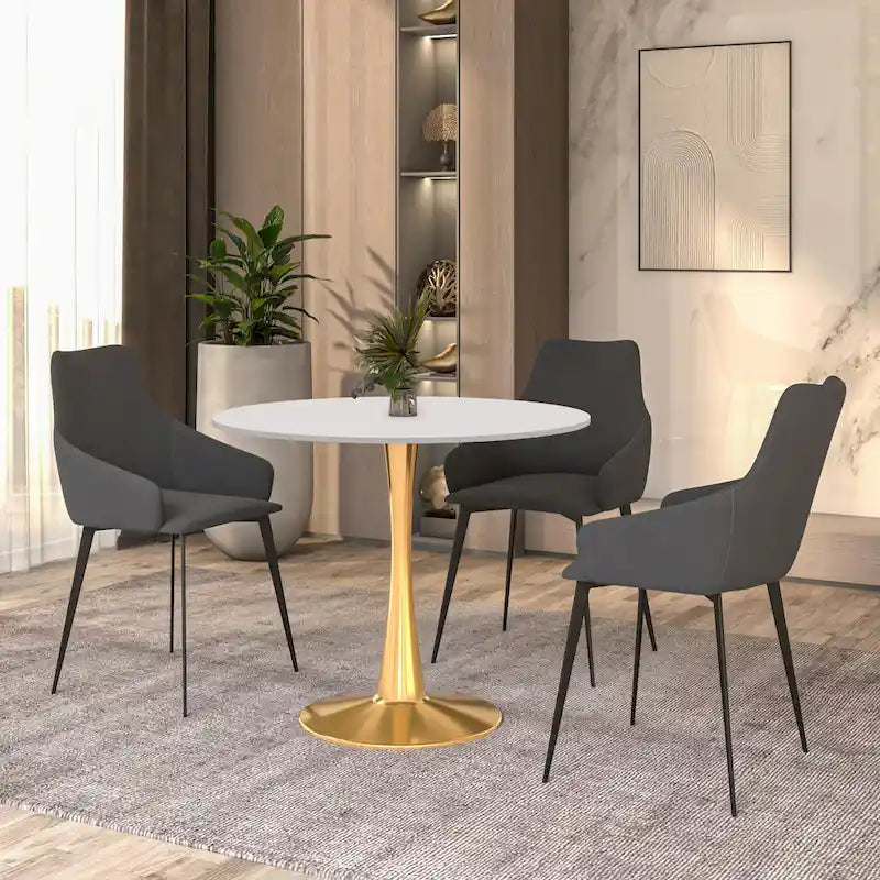 Table de salle à manger ronde LeisureMod Bristol 35 pour 4 personnes, plateau en MDF et piètement en acier doré, idéale pour la cuisine et la salle à manger.