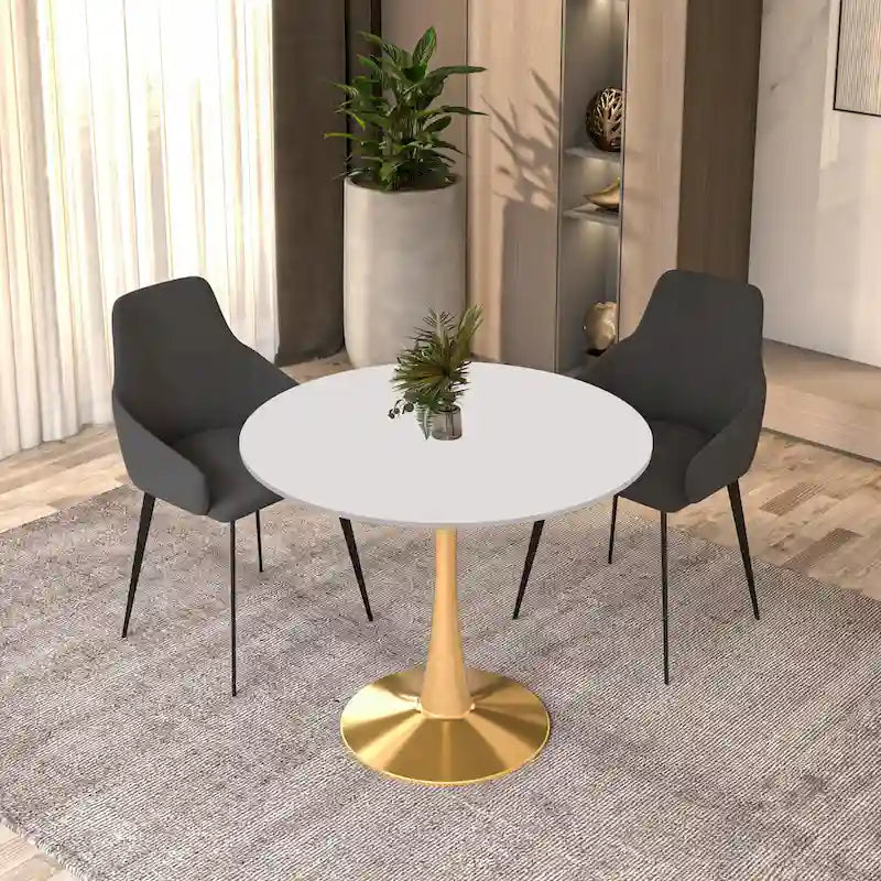 Table de salle à manger ronde LeisureMod Bristol 35 pour 4 personnes, plateau en MDF et piètement en acier doré, idéale pour la cuisine et la salle à manger.