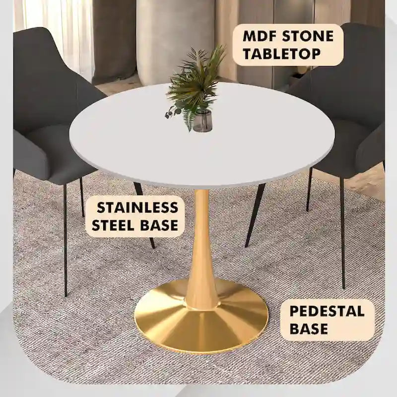 Table de salle à manger ronde LeisureMod Bristol 35 pour 4 personnes, plateau en MDF et piètement en acier doré, idéale pour la cuisine et la salle à manger.