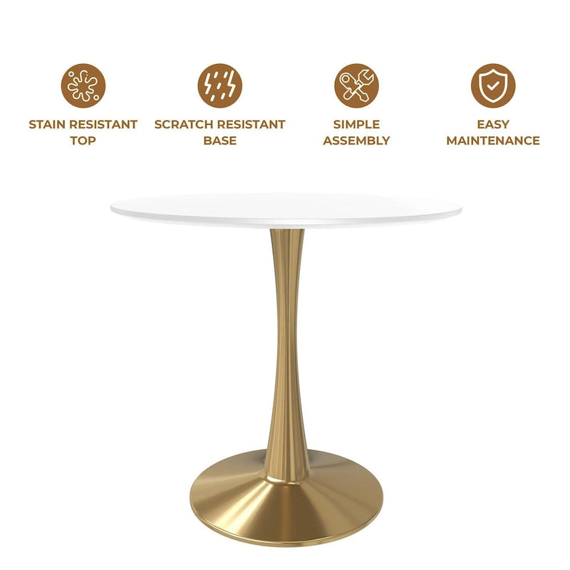 Table de salle à manger ronde LeisureMod Bristol 35 pour 4 personnes, plateau en MDF et piètement en acier doré, idéale pour la cuisine et la salle à manger.