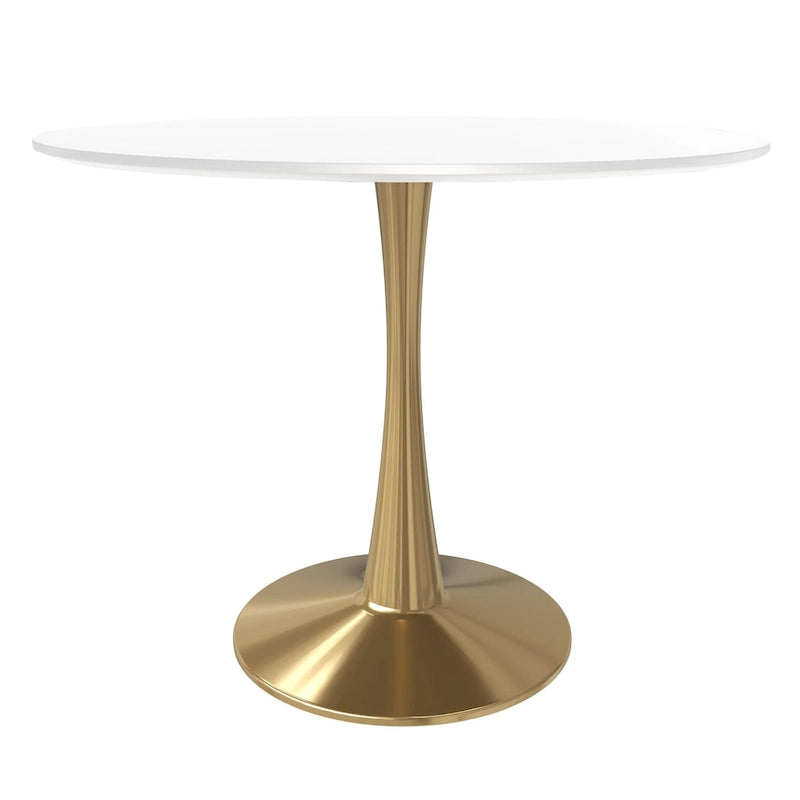 Table de salle à manger ronde LeisureMod Bristol 35 pour 4 personnes, plateau en MDF et piètement en acier doré, idéale pour la cuisine et la salle à manger.