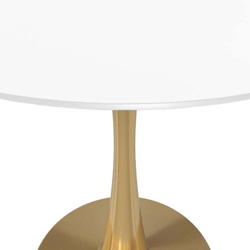 Table de salle à manger ronde LeisureMod Bristol 35 pour 4 personnes, plateau en MDF et piètement en acier doré, idéale pour la cuisine et la salle à manger.