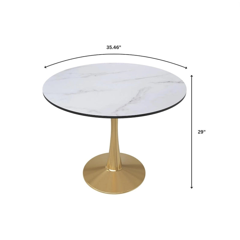 Table de salle à manger ronde LeisureMod Bristol 35 pour 4 personnes, plateau en MDF et piètement en acier doré, idéale pour la cuisine et la salle à manger.