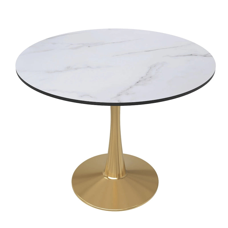 Table de salle à manger ronde LeisureMod Bristol 35 pour 4 personnes, plateau en MDF et piètement en acier doré, idéale pour la cuisine et la salle à manger.