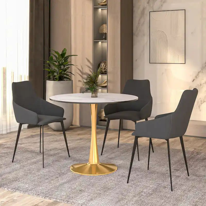 Table de salle à manger ronde LeisureMod Bristol 35 pour 4 personnes, plateau en MDF et piètement en acier doré, idéale pour la cuisine et la salle à manger.
