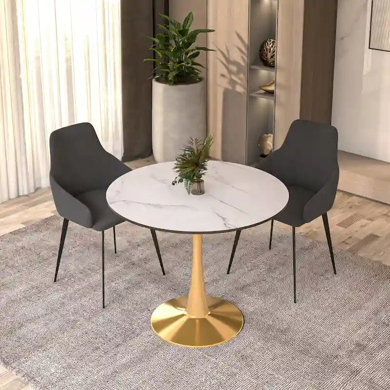 Table de salle à manger ronde LeisureMod Bristol 35 pour 4 personnes, plateau en MDF et piètement en acier doré, idéale pour la cuisine et la salle à manger.