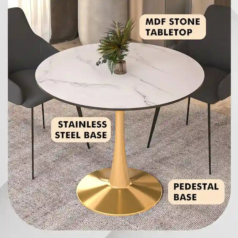 Table de salle à manger ronde LeisureMod Bristol 35 pour 4 personnes, plateau en MDF et piètement en acier doré, idéale pour la cuisine et la salle à manger.