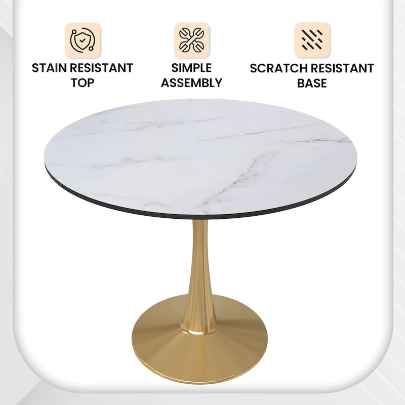 Table de salle à manger ronde LeisureMod Bristol 35 pour 4 personnes, plateau en MDF et piètement en acier doré, idéale pour la cuisine et la salle à manger.