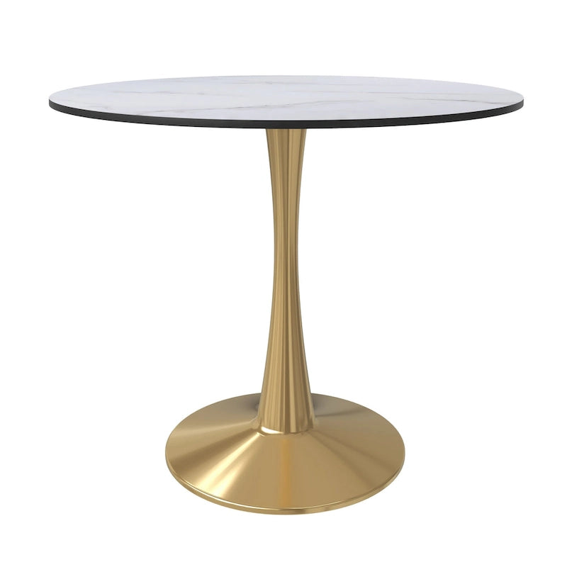Table de salle à manger ronde LeisureMod Bristol 35 pour 4 personnes, plateau en MDF et piètement en acier doré, idéale pour la cuisine et la salle à manger.
