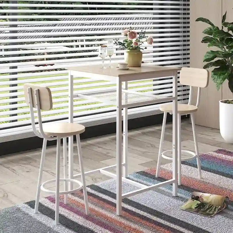 Ensemble table de bar 3 pièces avec étagère en métal, petit ensemble table de pub, ensemble de salle à manger