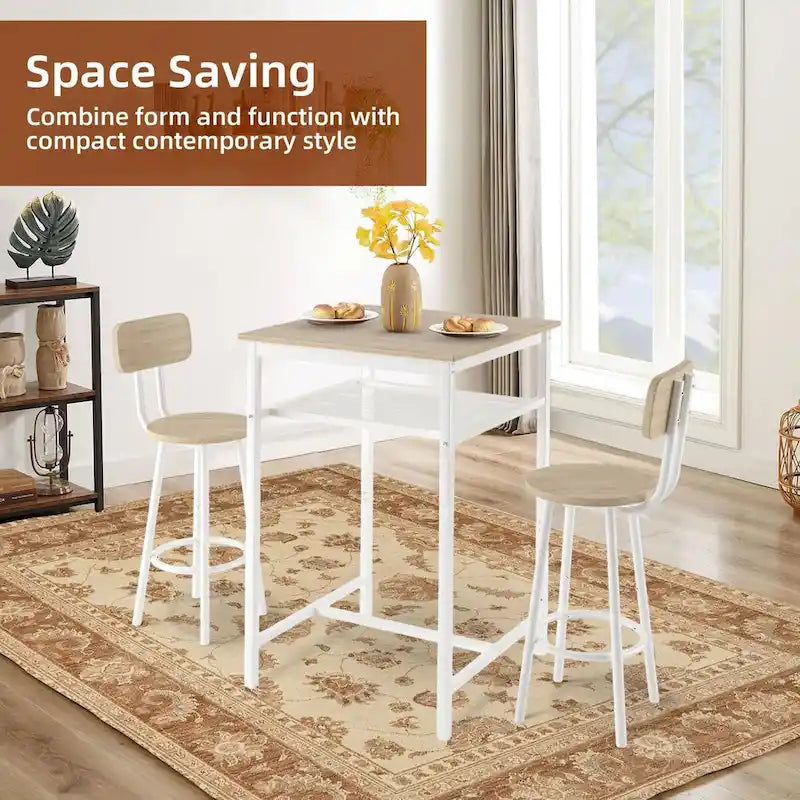 Ensemble table de bar 3 pièces avec étagère en métal, petit ensemble table de pub, ensemble de salle à manger
