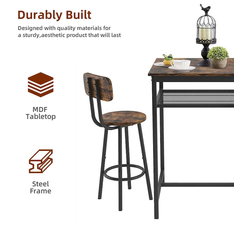 Ensemble table de bar 3 pièces avec étagère en métal, petit ensemble table de pub, ensemble de salle à manger