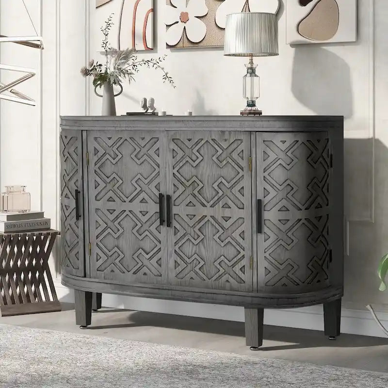 Buffet d'appoint en bois avec portes à motifs antiques, idéal pour un couloir, une entrée, un salon ou une chambre.