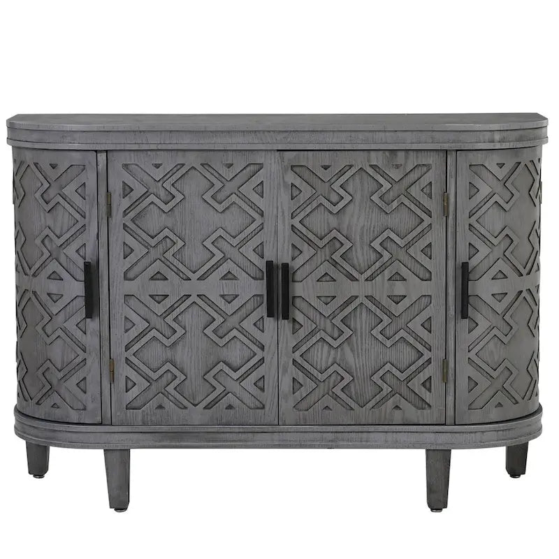 Buffet d'appoint en bois avec portes à motifs antiques, idéal pour un couloir, une entrée, un salon ou une chambre.