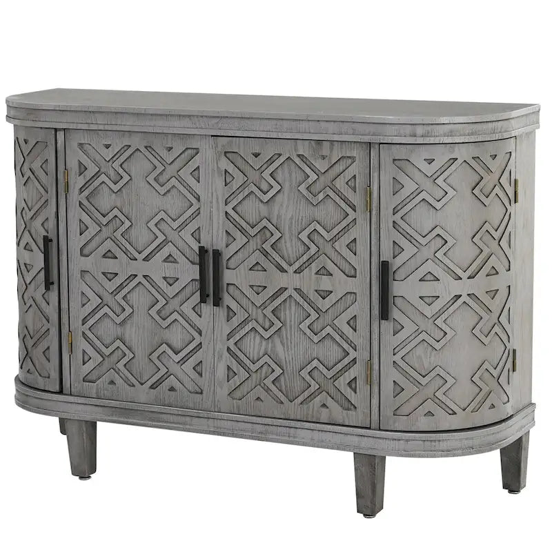 Buffet d'appoint en bois avec portes à motifs antiques, idéal pour un couloir, une entrée, un salon ou une chambre.