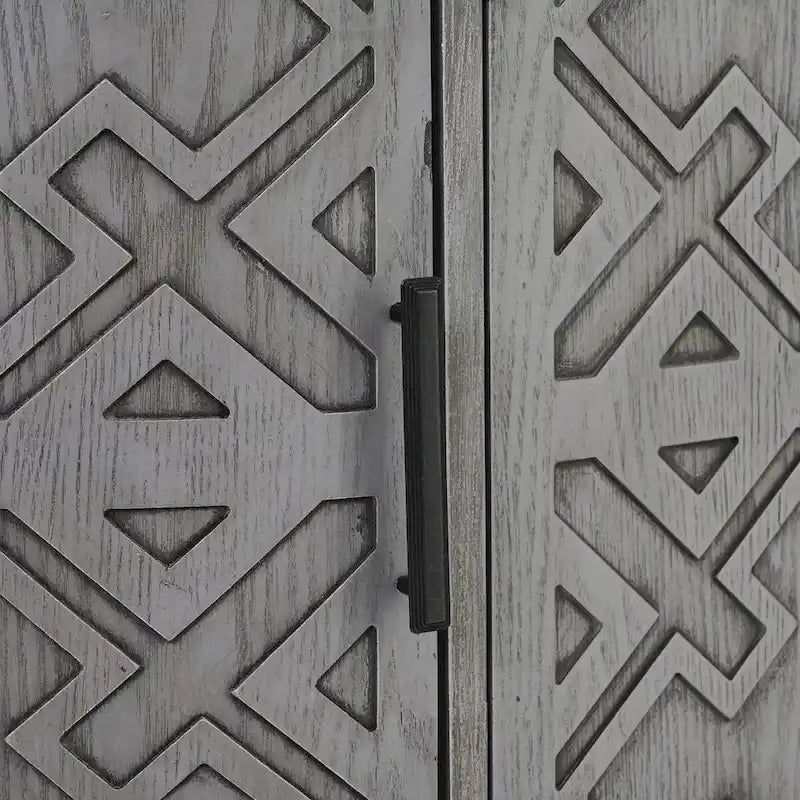 Buffet d'appoint en bois avec portes à motifs antiques, idéal pour un couloir, une entrée, un salon ou une chambre.