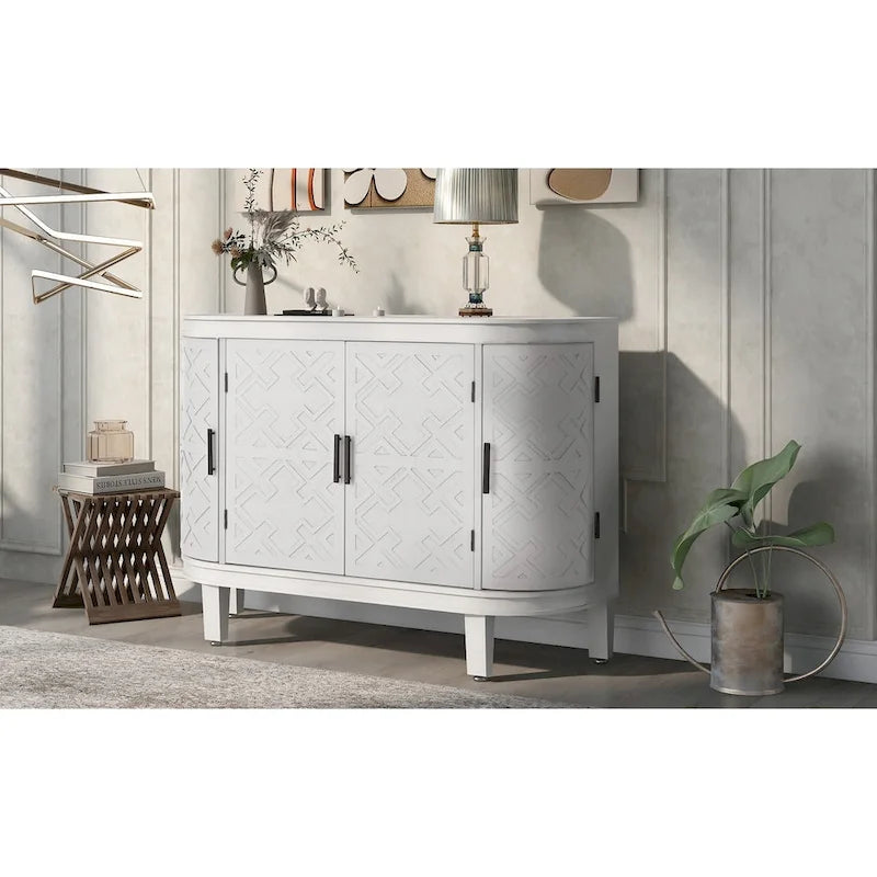 Buffet d'appoint en bois avec portes à motifs antiques, idéal pour un couloir, une entrée, un salon ou une chambre.