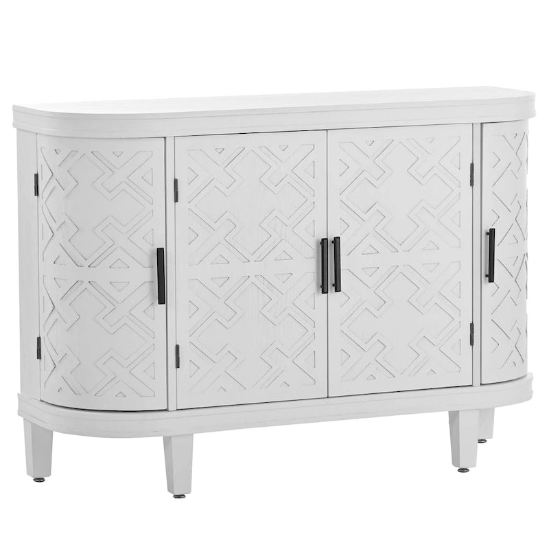 Buffet d'appoint en bois avec portes à motifs antiques, idéal pour un couloir, une entrée, un salon ou une chambre.