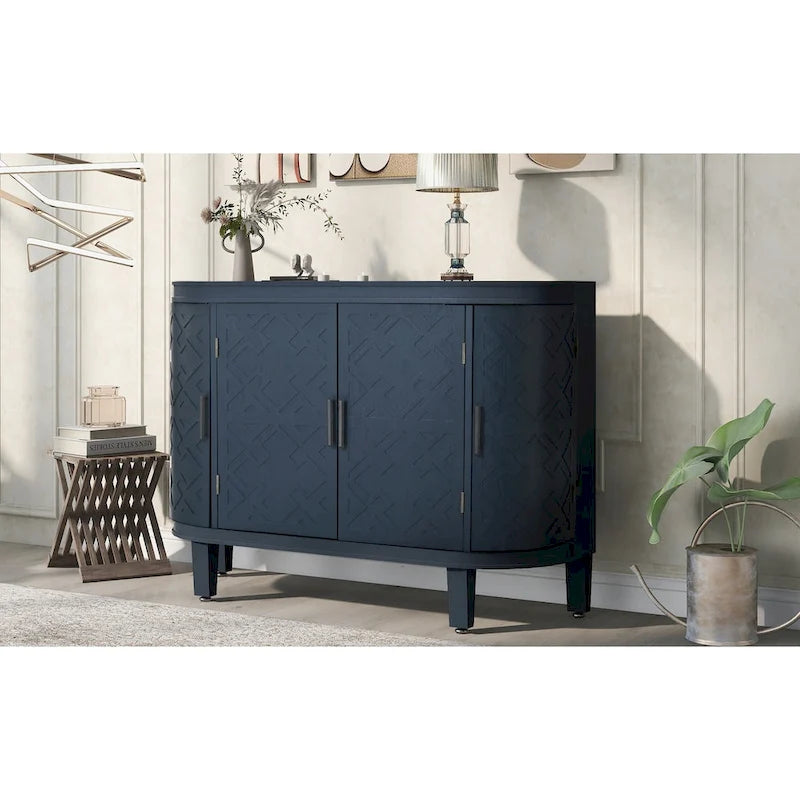 Buffet d'appoint en bois avec portes à motifs antiques, idéal pour un couloir, une entrée, un salon ou une chambre.