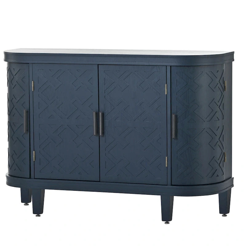 Buffet d'appoint en bois avec portes à motifs antiques, idéal pour un couloir, une entrée, un salon ou une chambre.
