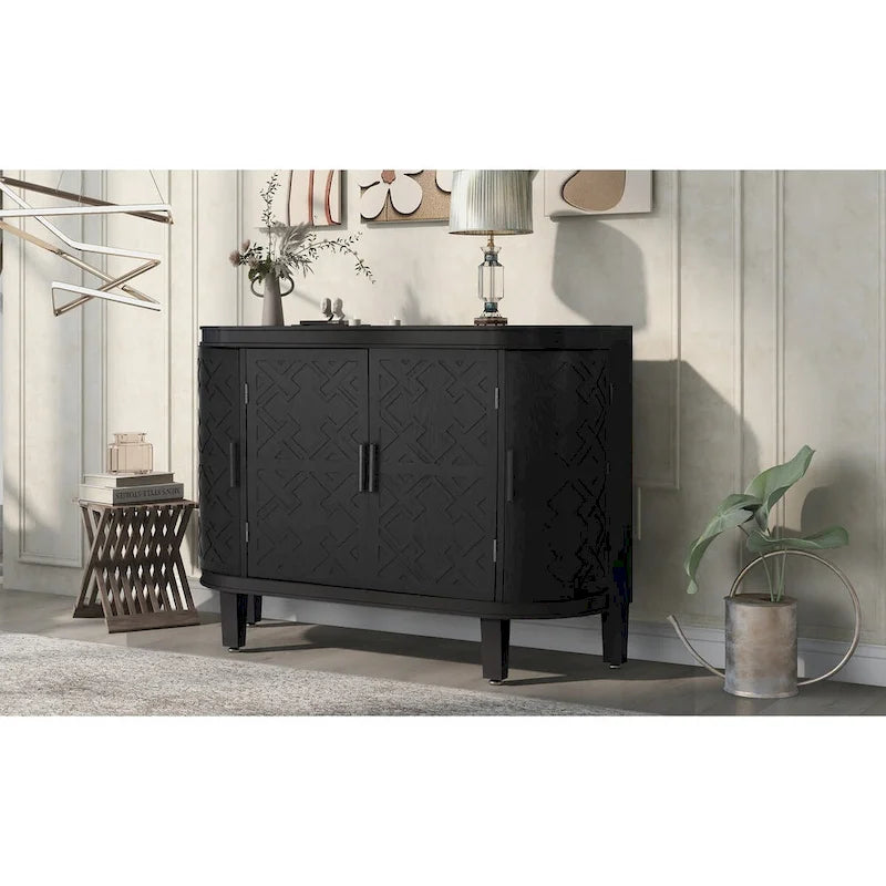 Buffet d'appoint en bois avec portes à motifs antiques, idéal pour un couloir, une entrée, un salon ou une chambre.