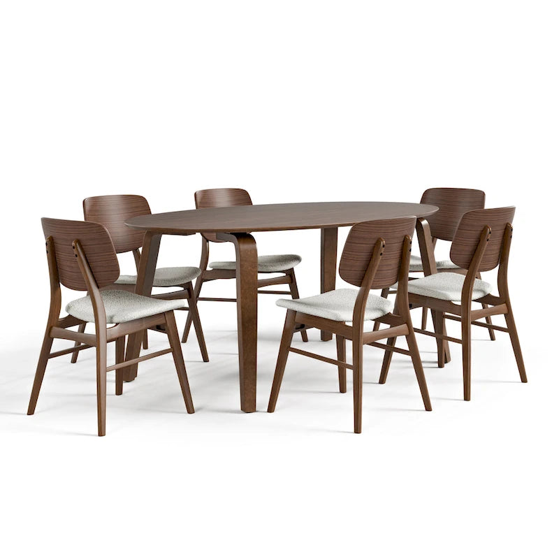 Ensemble de salle à manger ovale 7 pièces Beau I en noyer, style milieu du siècle, de Furniture of America