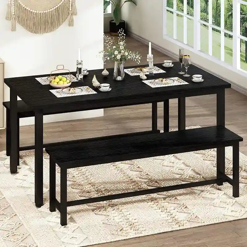 Ensemble de table et chaises de salle à manger 3 pièces style industriel, ensemble de cuisine rétro en bois avec 2 bancs pour la cuisine, la salle à manger ou le restaurant.