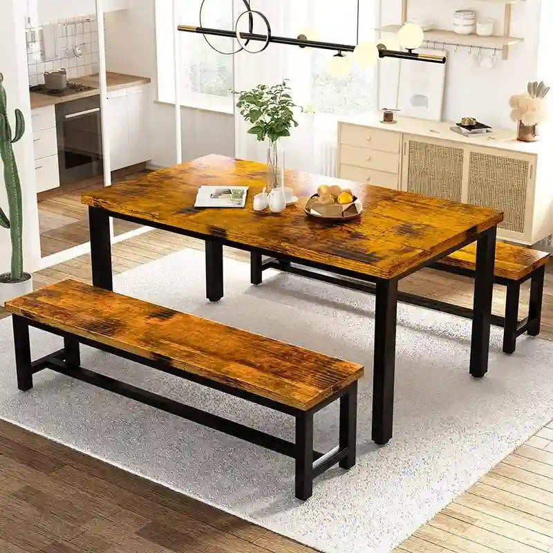 Ensemble de table et chaises de salle à manger 3 pièces style industriel, ensemble de cuisine rétro en bois avec 2 bancs pour la cuisine, la salle à manger ou le restaurant.