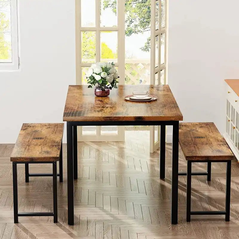 Ensemble de table et chaises de salle à manger 3 pièces style industriel, ensemble de cuisine rétro en bois avec 2 bancs pour la cuisine, la salle à manger ou le restaurant.