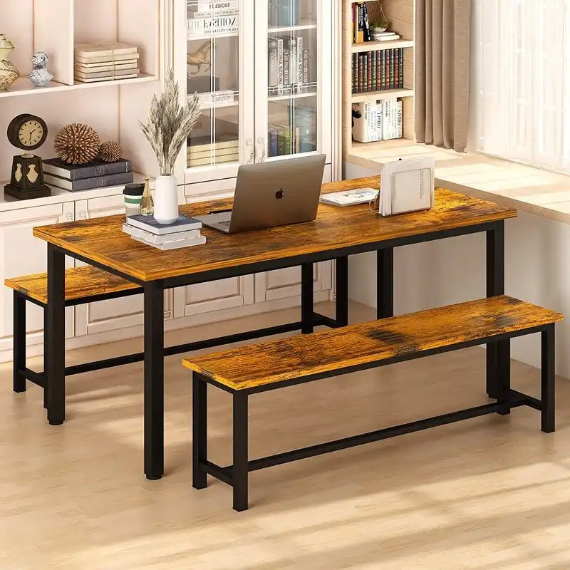 Ensemble de table et chaises de salle à manger 3 pièces style industriel, ensemble de cuisine rétro en bois avec 2 bancs pour la cuisine, la salle à manger ou le restaurant.