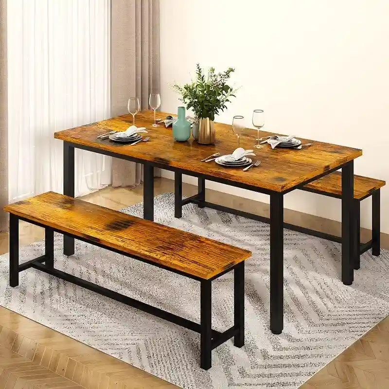 Ensemble de table et chaises de salle à manger 3 pièces style industriel, ensemble de cuisine rétro en bois avec 2 bancs pour la cuisine, la salle à manger ou le restaurant.