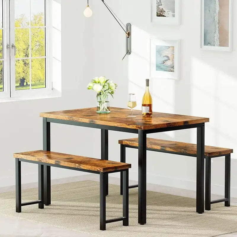 Ensemble de table et chaises de salle à manger 3 pièces style industriel, ensemble de cuisine rétro en bois avec 2 bancs pour la cuisine, la salle à manger ou le restaurant.