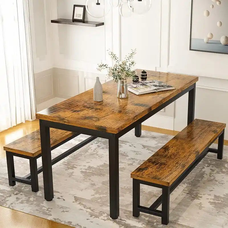 Ensemble de table et chaises de salle à manger 3 pièces style industriel, ensemble de cuisine rétro en bois avec 2 bancs pour la cuisine, la salle à manger ou le restaurant.