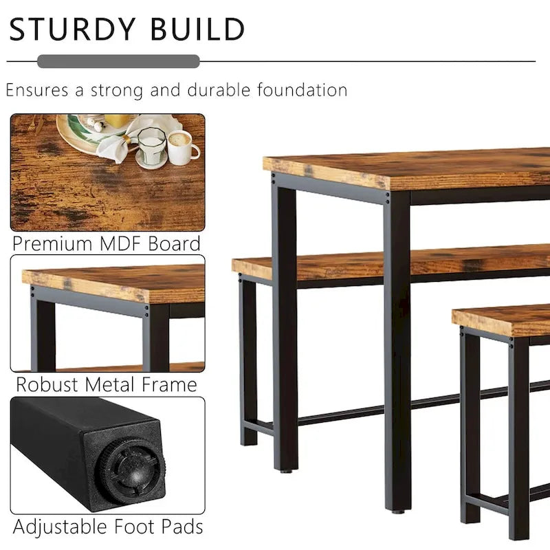 Ensemble de table et chaises de salle à manger 3 pièces style industriel, ensemble de cuisine rétro en bois avec 2 bancs pour la cuisine, la salle à manger ou le restaurant.