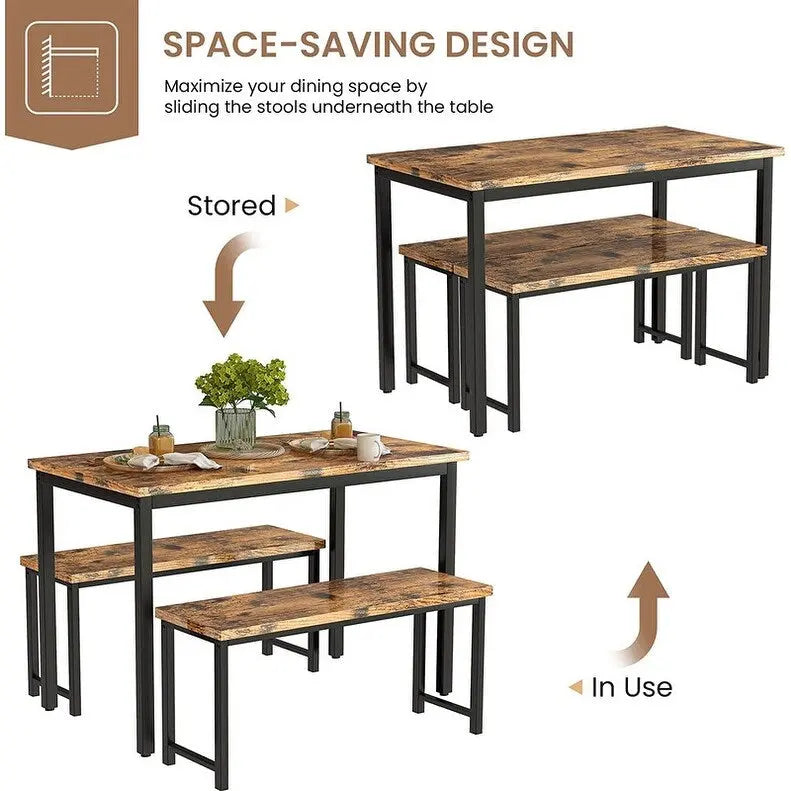 Ensemble de table et chaises de salle à manger 3 pièces style industriel, ensemble de cuisine rétro en bois avec 2 bancs pour la cuisine, la salle à manger ou le restaurant.