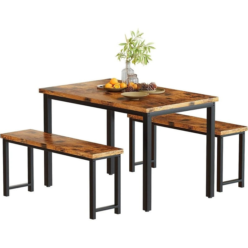 Ensemble de table et chaises de salle à manger 3 pièces style industriel, ensemble de cuisine rétro en bois avec 2 bancs pour la cuisine, la salle à manger ou le restaurant.