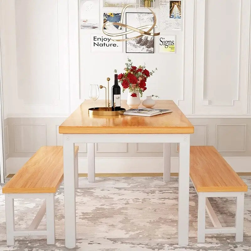 Ensemble de table et chaises de salle à manger 3 pièces style industriel, ensemble de cuisine rétro en bois avec 2 bancs pour la cuisine, la salle à manger ou le restaurant.