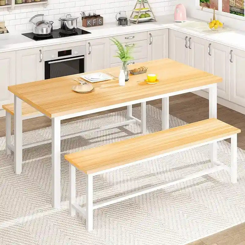 Ensemble de table et chaises de salle à manger 3 pièces style industriel, ensemble de cuisine rétro en bois avec 2 bancs pour la cuisine, la salle à manger ou le restaurant.