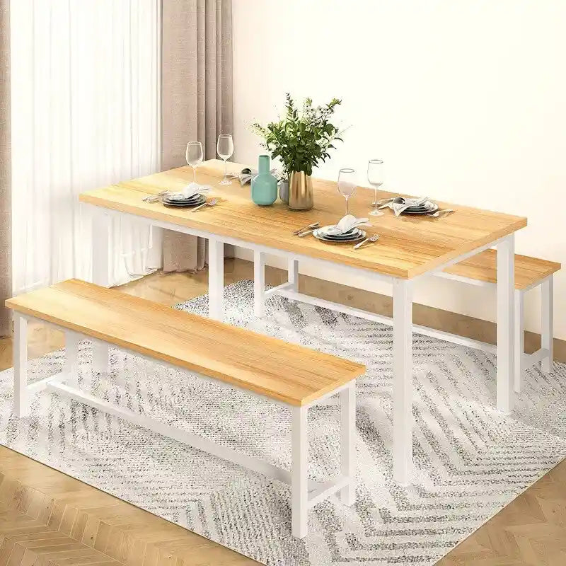 Ensemble de table et chaises de salle à manger 3 pièces style industriel, ensemble de cuisine rétro en bois avec 2 bancs pour la cuisine, la salle à manger ou le restaurant.