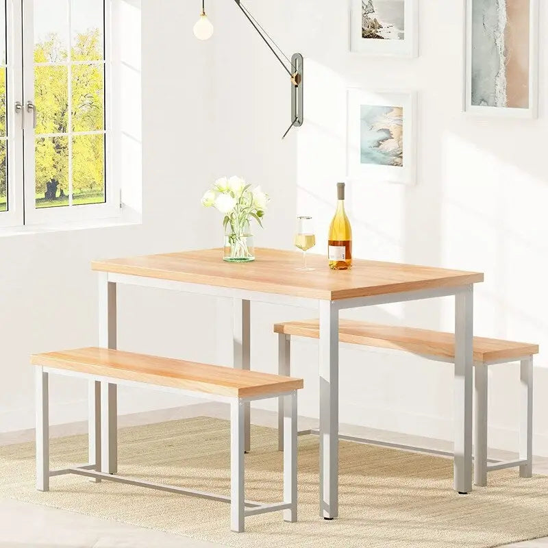 Ensemble de table et chaises de salle à manger 3 pièces style industriel, ensemble de cuisine rétro en bois avec 2 bancs pour la cuisine, la salle à manger ou le restaurant.