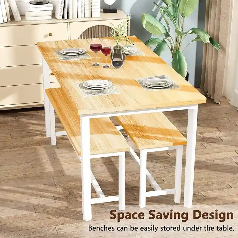 Ensemble de table et chaises de salle à manger 3 pièces style industriel, ensemble de cuisine rétro en bois avec 2 bancs pour la cuisine, la salle à manger ou le restaurant.