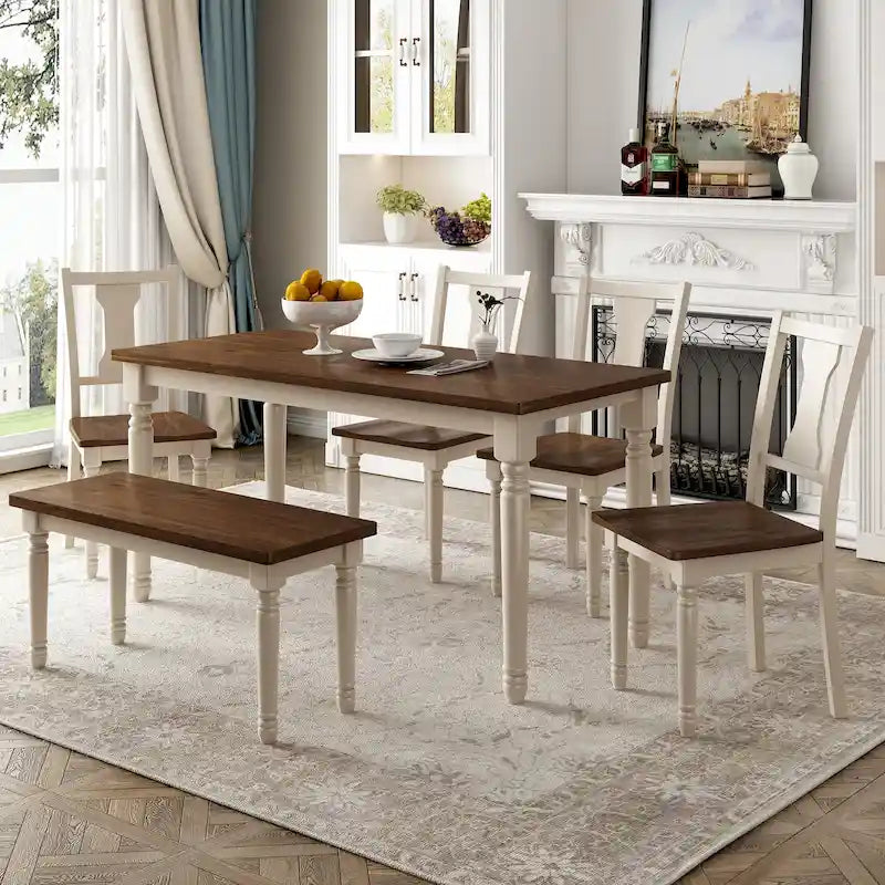 Ensemble de salle à manger classique 6 pièces comprenant une table en bois, 4 chaises et un banc, pour cuisine ou salle à manger.