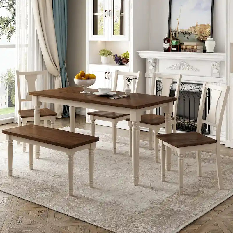 Ensemble de salle à manger classique 6 pièces comprenant une table en bois, 4 chaises et un banc, pour cuisine ou salle à manger.