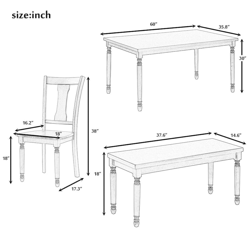 Ensemble de salle à manger classique 6 pièces comprenant une table en bois, 4 chaises et un banc, pour cuisine ou salle à manger.