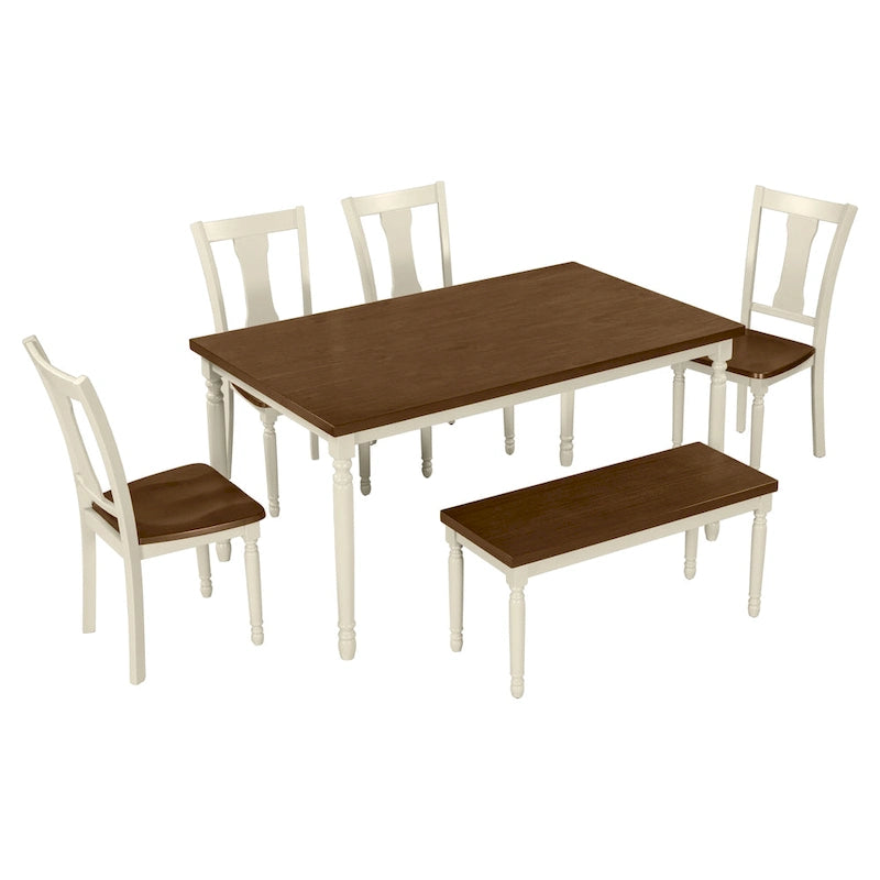 Ensemble de salle à manger classique 6 pièces comprenant une table en bois, 4 chaises et un banc, pour cuisine ou salle à manger.