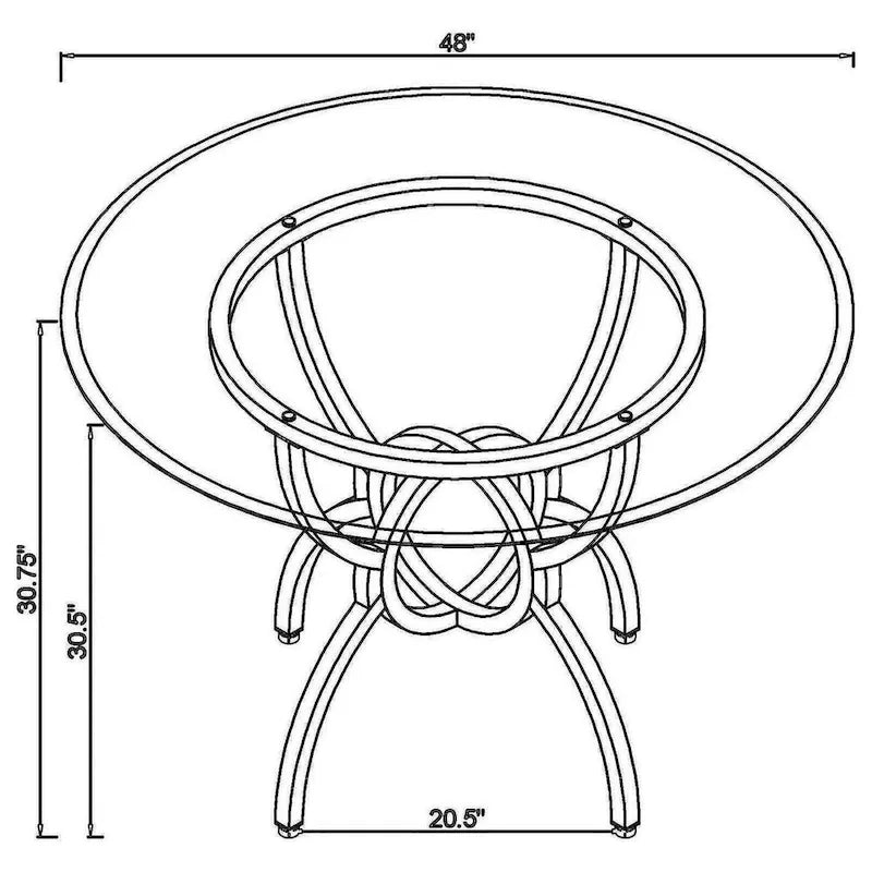 Table de salle à manger ronde de 122 cm (48 pouces), plateau en verre transparent, pieds à motif d'anneaux entrelacés