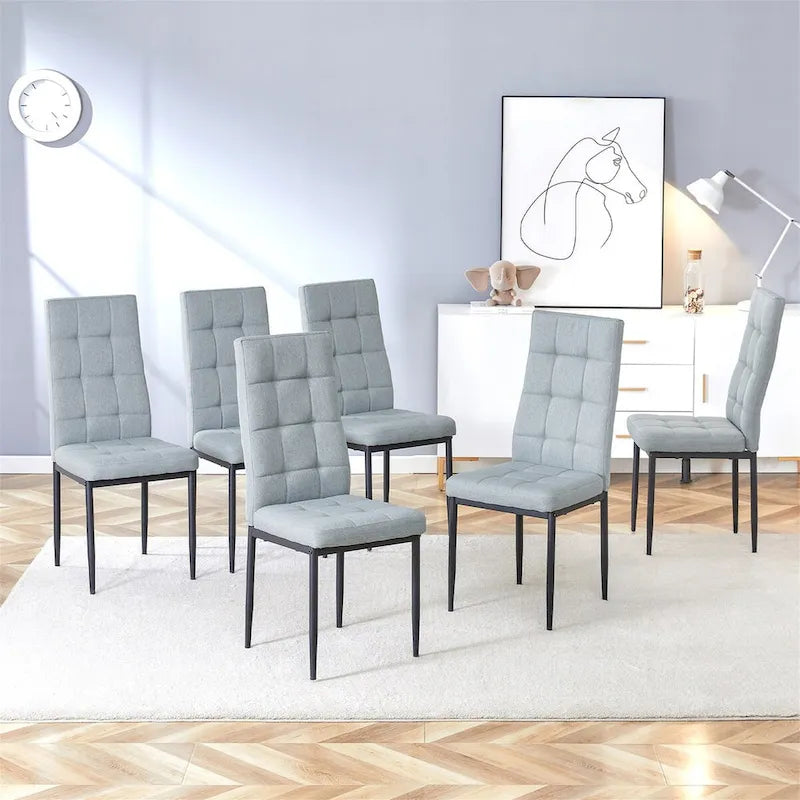 Ensemble de 6 chaises de salle à manger Merax Modern avec piètement en MDF en forme de V et revêtement en lin capitonné.