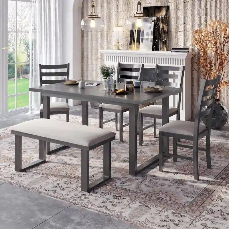 6-Pieces Dining Room Set with Table & 4 Chairs with Bench