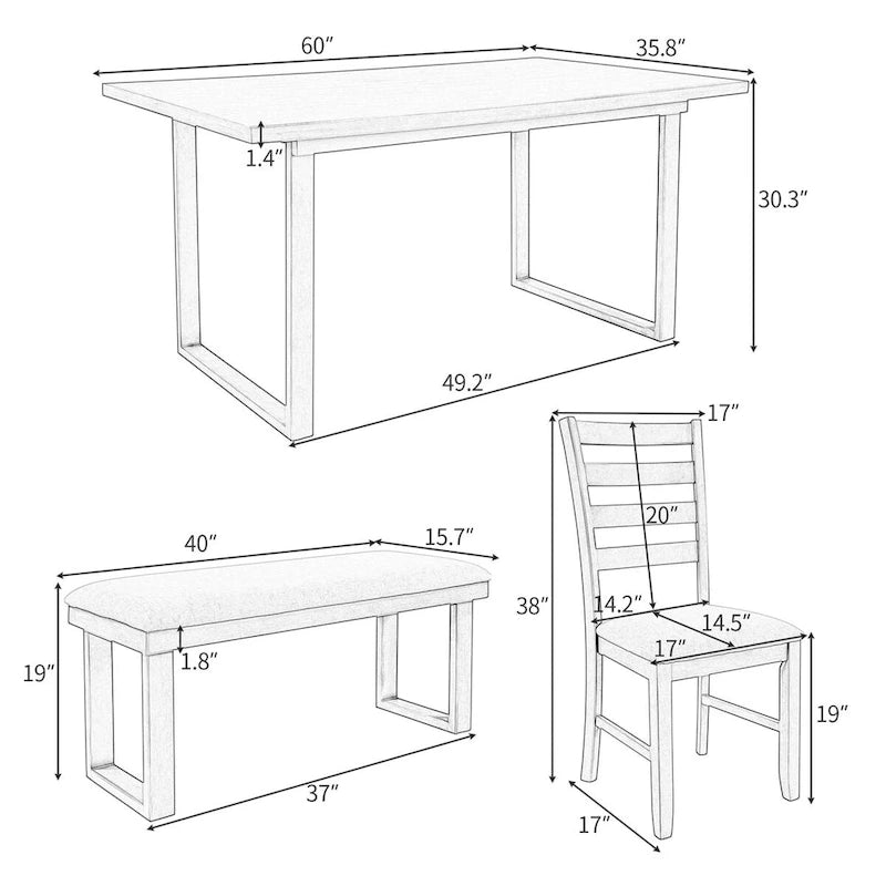 Ensemble de salle à manger 6 pièces avec table, 4 chaises et banc